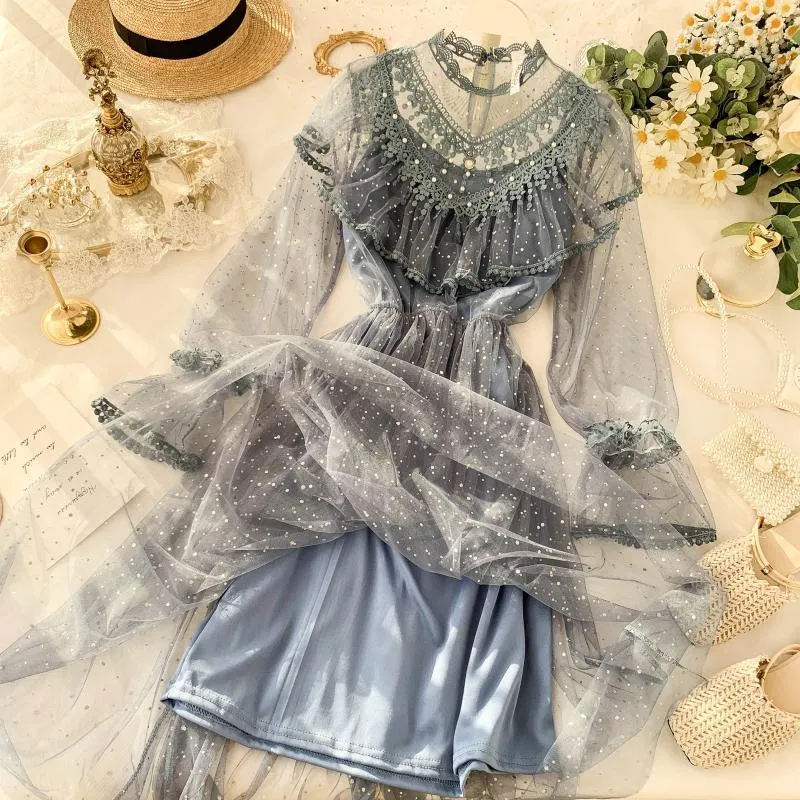 French Fairy Chic Women's Princess Dress for Women with Ruffled Sequins, Beading Mesh, and Flare Sleeves