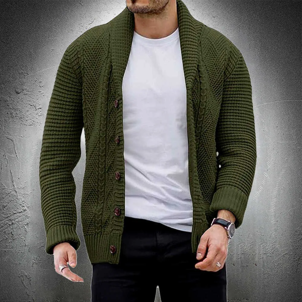 Men Cardigan Sweater Autumn Winter Men Knit Coat Casual Streetwear Coat Cardigan Coat Men Solid Color Army Green Sweaters Y0907