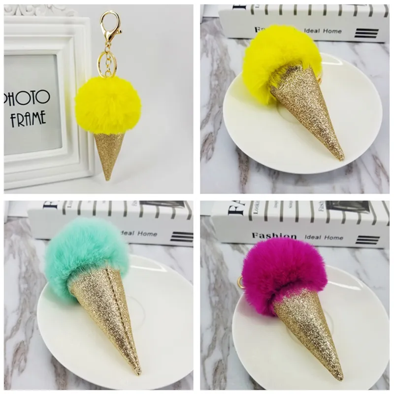 Ice Cream Fluffy Ball Keychain Pom Poms Ball Keyring Decorative Pendants for Women Bags Car Key Accessories Wedding Party Gifts