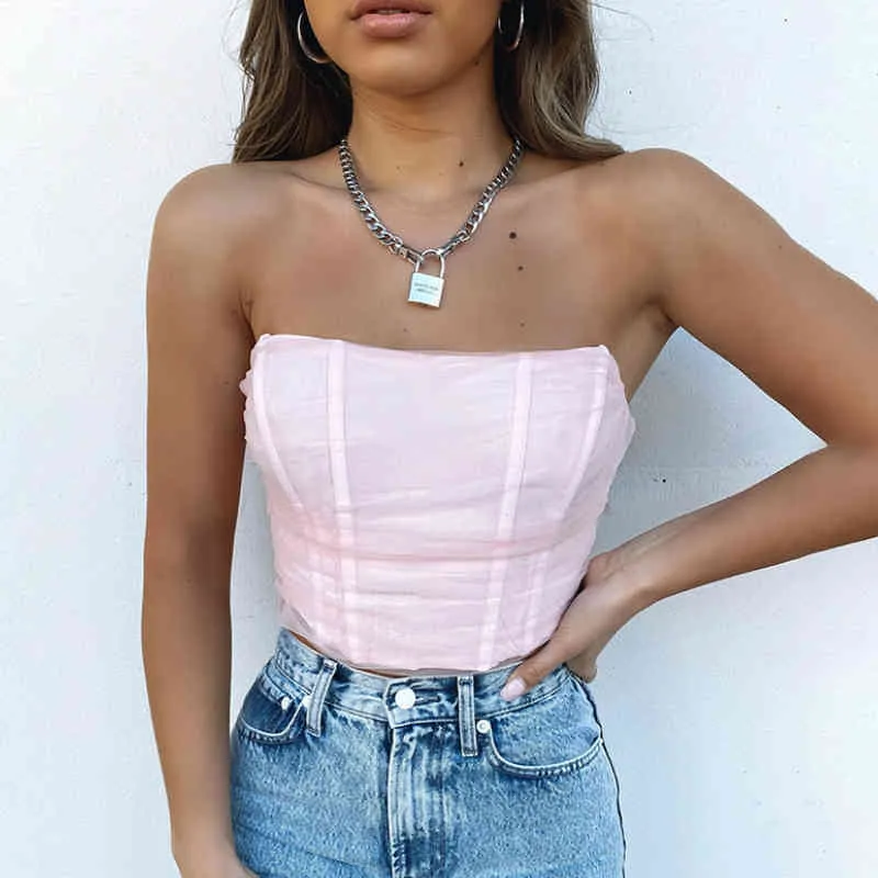 Hirigin Kvinnor Sexig Tube Crop Top 2020 Mode Kläder Sommar Ladies Öppna Back Mesh Bustier Vest Tank Tops Kvinna Club Streetwear X0507