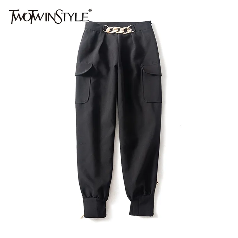 Casual Cargo Pants For Women High Waist Patchwork Chain Large Size Loose Trousers Female Autumn Fashion 210521