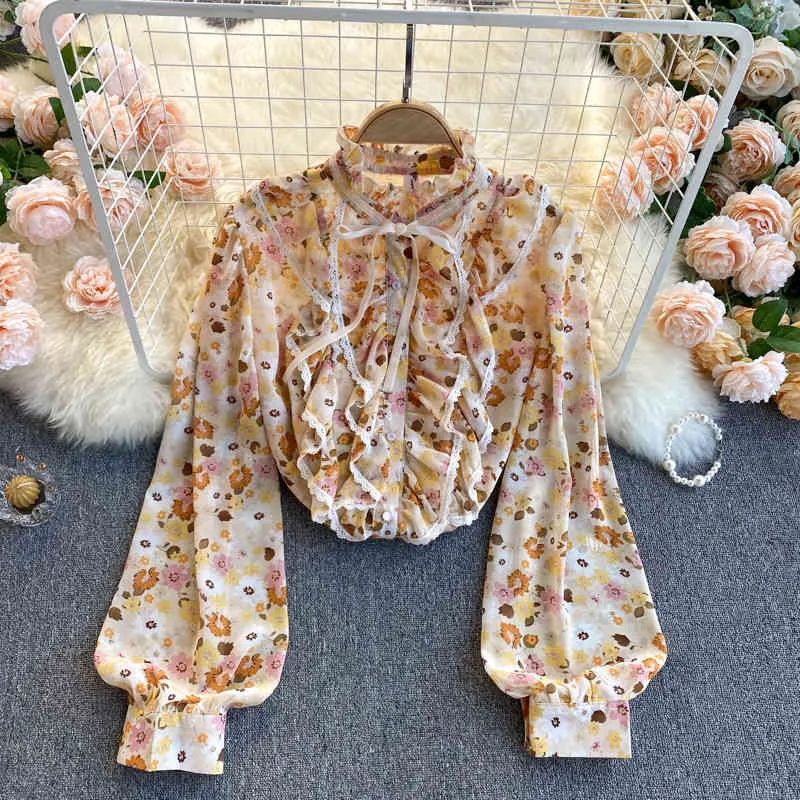 Singreiny Women Boheemse bloemenblouse Korean Sweet Puff Sleeve Single Breasted Tops Spring Elegante Mode Print Casual Blouses 210419