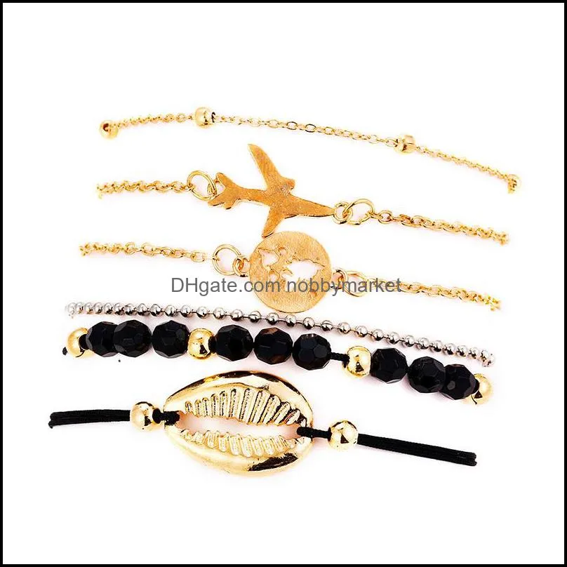 6pcs/Lot New Bohemian Sea Shell Bracelets Set For Women Gold aircraft Map charm crystal beads chains Bangle Female Fashion Boho
