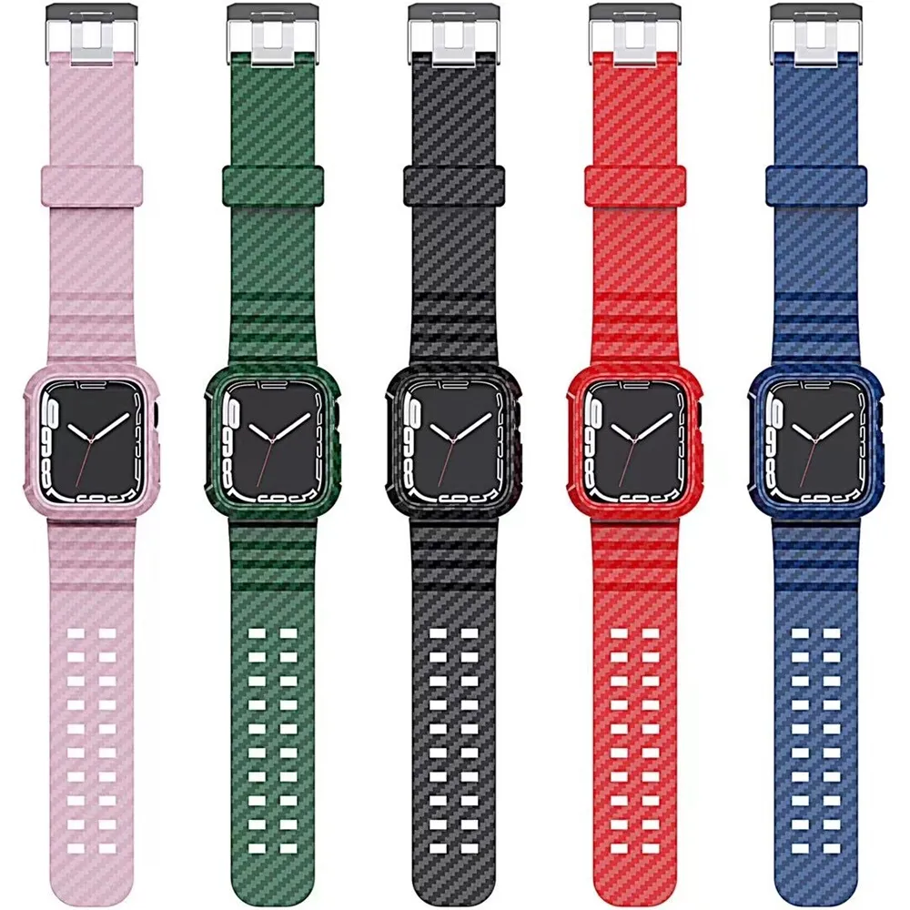 Gummi Silikonväska Skyddsplan för Apple Watch Serie 7 6 SE 5 4 3 38mm 42mm 40mm 44m 41mm 45mm Kolfibertexturband