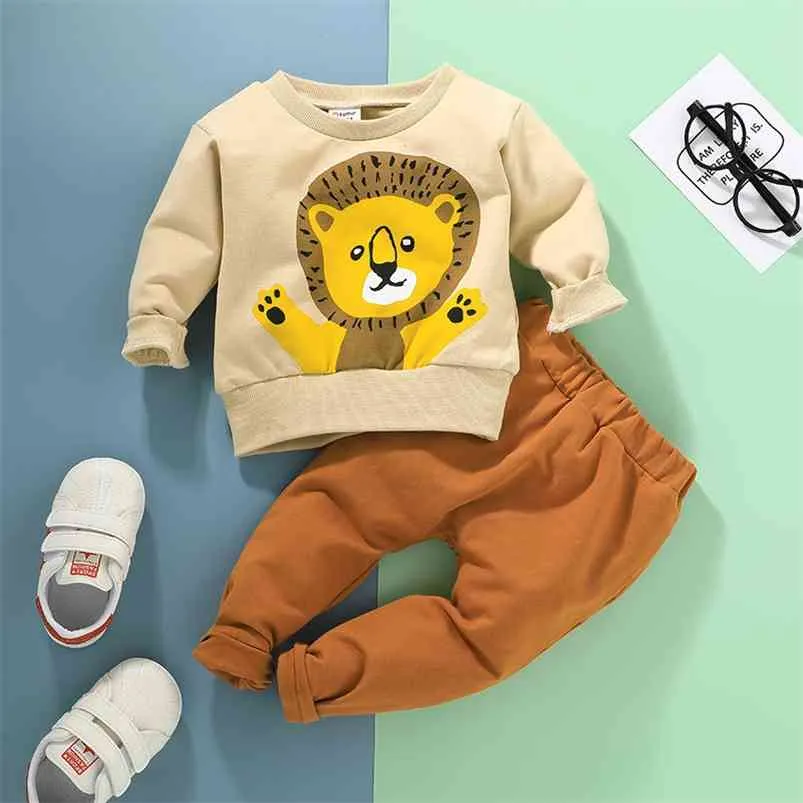 Winter Children Sets Long Sleeve O Neck Print Cartoon Lion T-shirt Solid Trousers Cute 2Pcs Girls Boys Clothes 18M-6T 210629