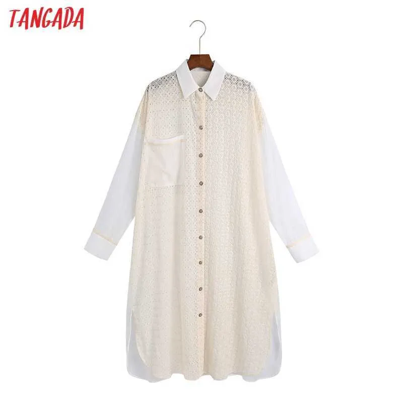 Tangada Mode Kvinnor Oversized Pocket Patchwork Broderi Shirt Klänning Vintage Långärmad Kontor Ladies Midi Dress 6Z115 210609