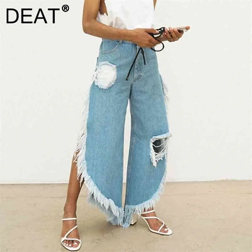 [DEAT] Kvinnor Mode Wide Benbyxor Lossa Tassel Hål Solid Färg Split Gaffel Hög Street Style Jeans 13c407 210809