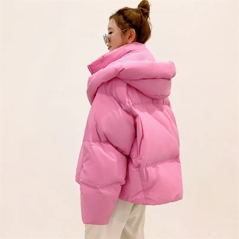 Зимняя куртка женская теплая мода конфеты цвет длинные толстые парку пальто корейский свободный с капюшоном 211008