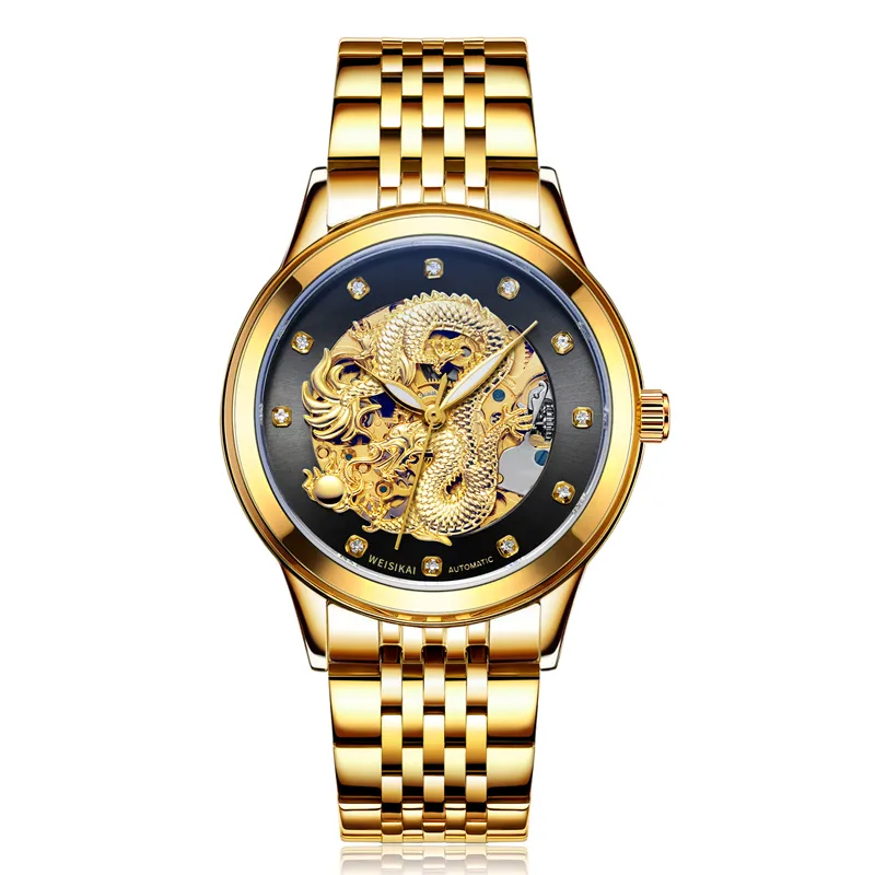 Gold Automatic Watch Homens Dragão Chinês Relógios Mecânicos Mens À Prova D 'Água Relógio de Relógio Luminoso Relógio Montre de Luxe