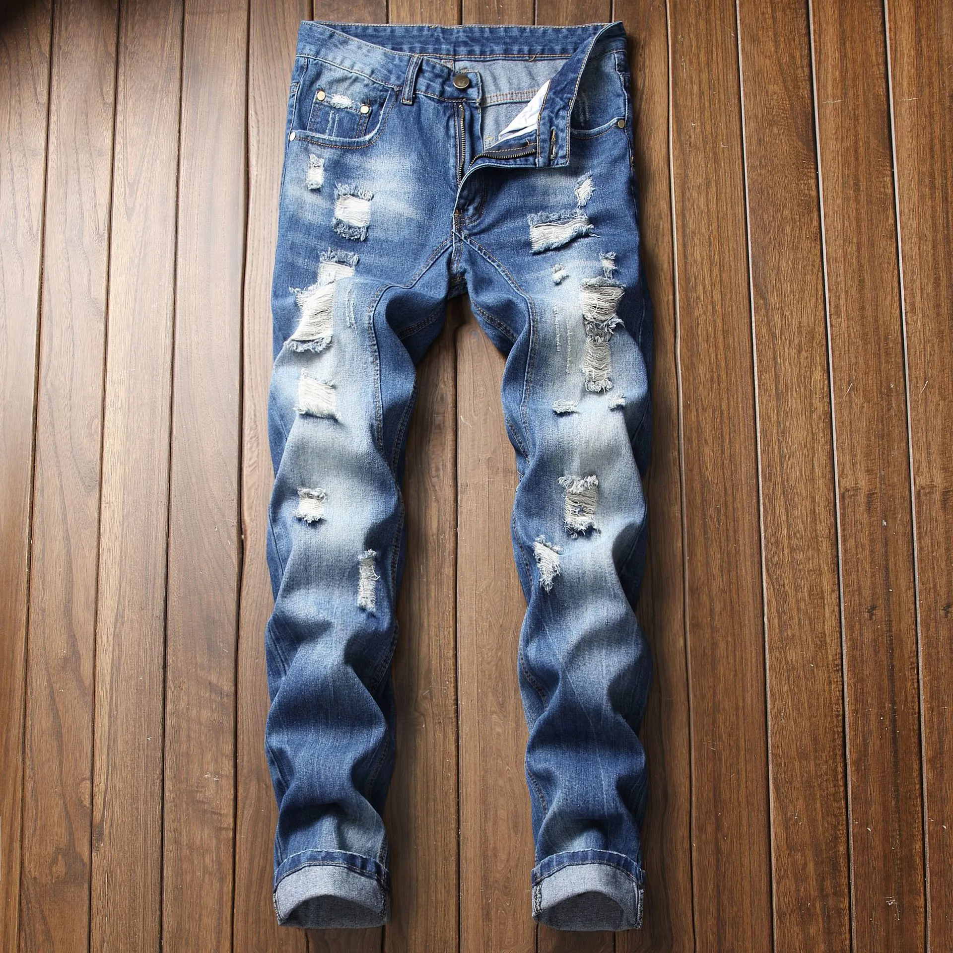 New Man Jeans Blue Classic Knees Holes Cotton Denim Pants Fashion ...