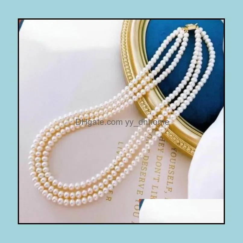 7-8mm White Triple Strands Natural Pearl Beaded Necklace 18-20inch Women`s Gift Bridal Jewelry