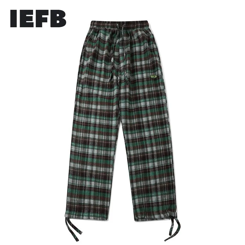 IDEFB Wiosna Casual Spodnie Streetwear Trend Harajuku Styl Elastyczna Talia Plaid Print Spodnie Man Closstring Dolny spodni 210524