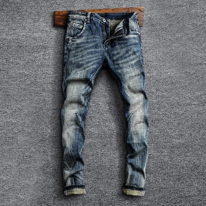 Herrenjeans, italienischer Stil, modisch, für Herren, Retro, dunkelblau, elastisch, schmale Passform, zerrissen, gespleißt, Designer-Vintage-Jeans, lässig