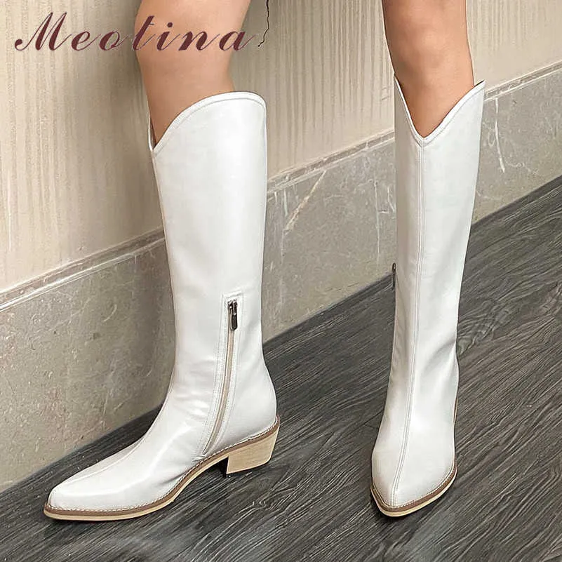 Meotina Western Boots Kvinnor Skor Äkta Läder Mid Heel Knä High Boots Pekade Toe Zip Block Heels Lång Stövlar Höst Beige 210608