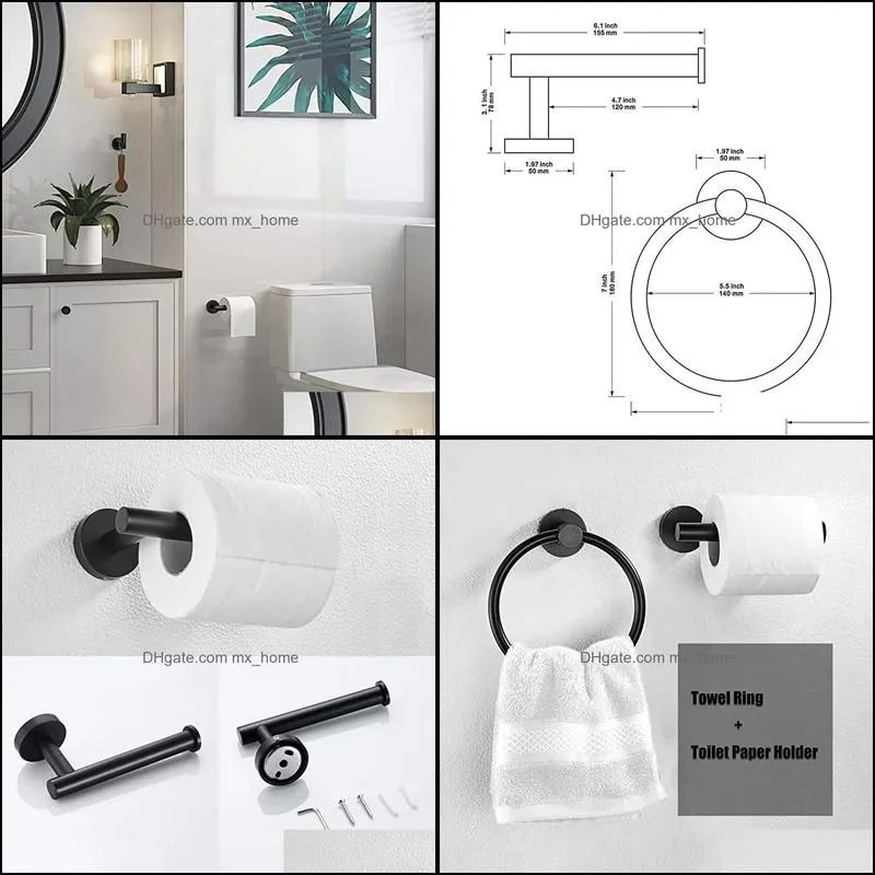 2Pcs Bathroom Hardware Black Towel Ring and Toilet Paper Holder Stainless Steel Bathroom Hand Towel Holder