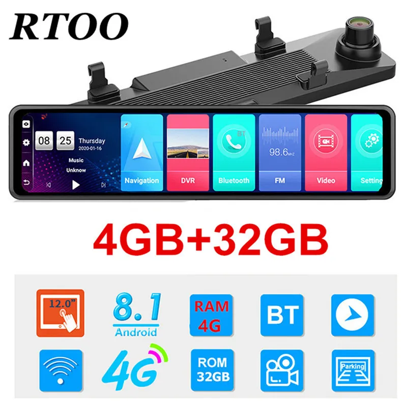 Carro dvr 4G Android Car 1080P 12 Polegada Espelho Retrovisor GPS WIFI ADAS Dash Cam 4G+32G Lente Dupla Frontal e Traseira Auto Drive Recorder DVR