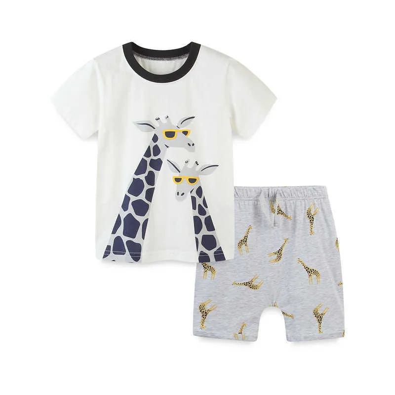 Jumping Meters Summer Giraffes Print Boys Girls Clothing Sets Cotton Shorts + Tops Baby Outfits Suits For Children 210529