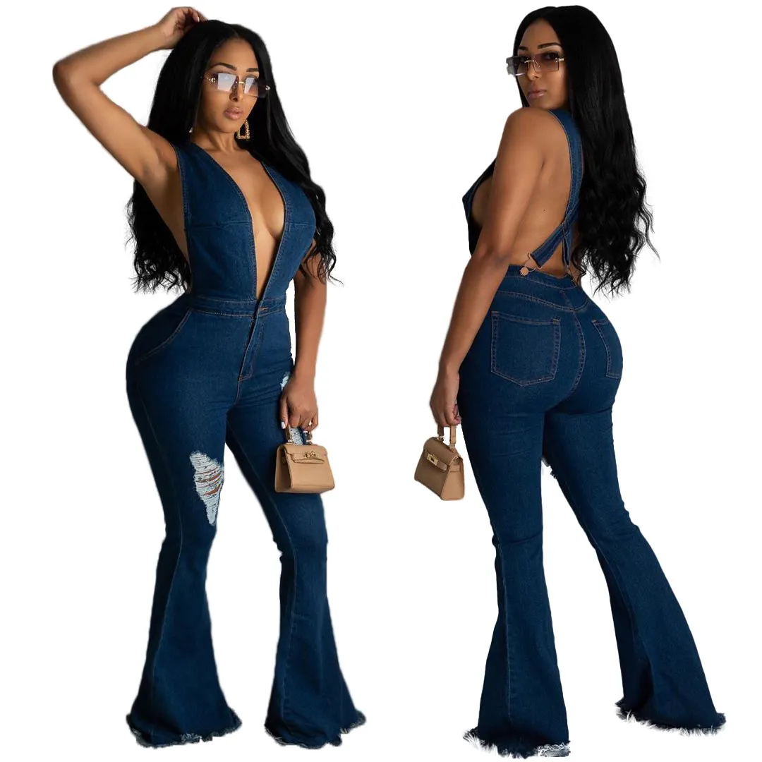 Donne Hot High-end Denim Flare Plus Size Spaghetti Strap Backless Joker Elegante Solid Vita alta Femminile Tute lunghe