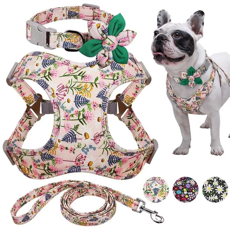 Flower Printed Dog Collar Harness Leash Set Nylon Small Medium Large Dogs Harness Vest Collar Leashes for Chihuahua Puppy Pet 211006
