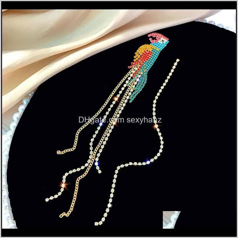 fyuan long tassel crystal asymmetry earrings for women colorful parrot drop earrings wedding jewelry gifts