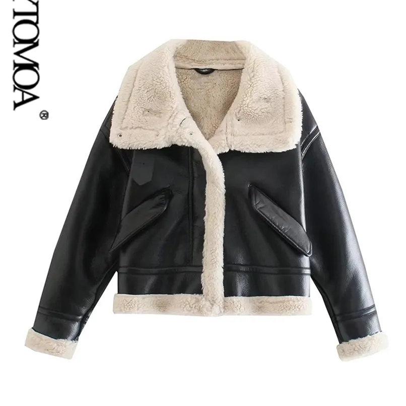 KPYTOMOA Women Fashion Thick Warm Faux Leather Shearling Jacket Coat Vintage Long Sleeve Flap Pockets Female Outerwear Chic Tops 211119