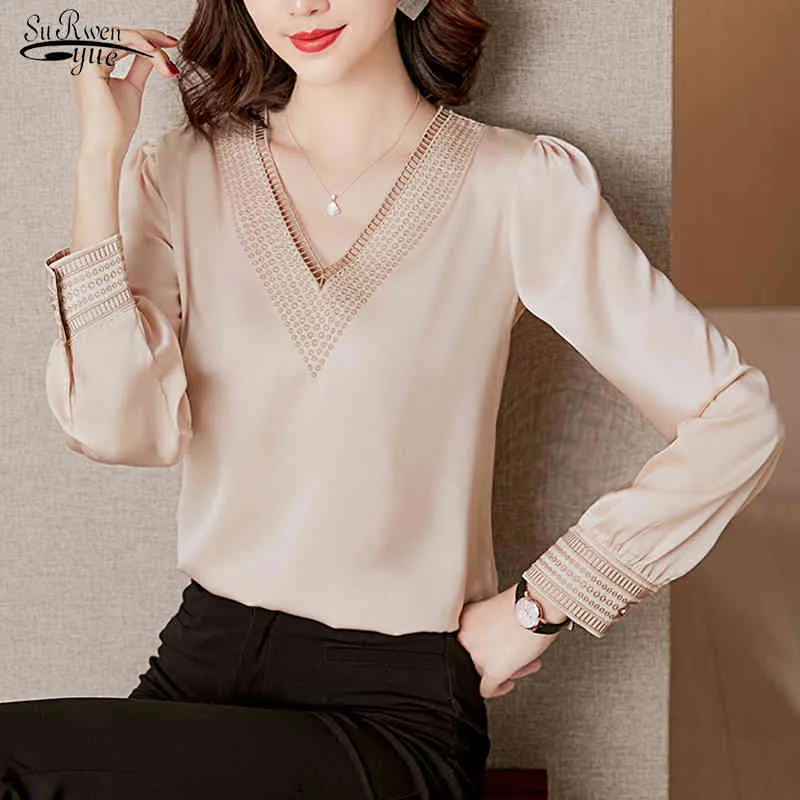 Long Sleeve Casual Shirts Plus Size Hollow Satin Silk Blouse Women V-neck Solid Loose Chiffon Shirt Tops 13709 210508