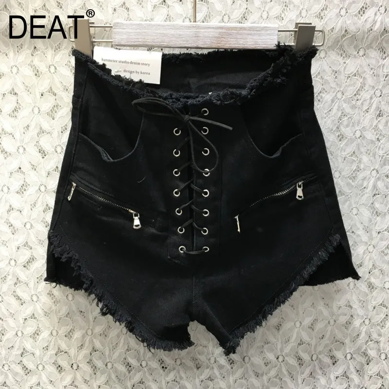 [DEAT] Bandage de taille haute de taille solide jeans rugueux jeans courts pantalons chauds Streetwear New Fashion Tide Summer GX816 210428