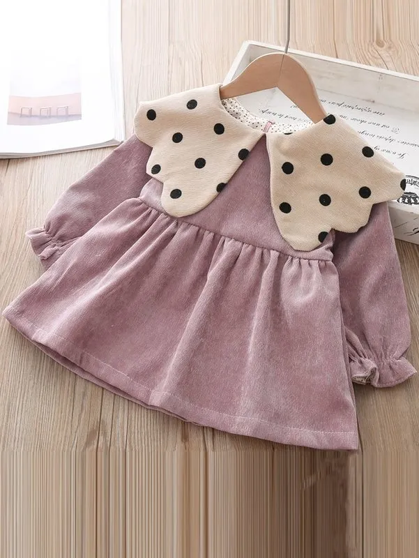 Toddler Girls Polka Dot Statement Collar Flounce Sleeve Corduroy Dress SHE