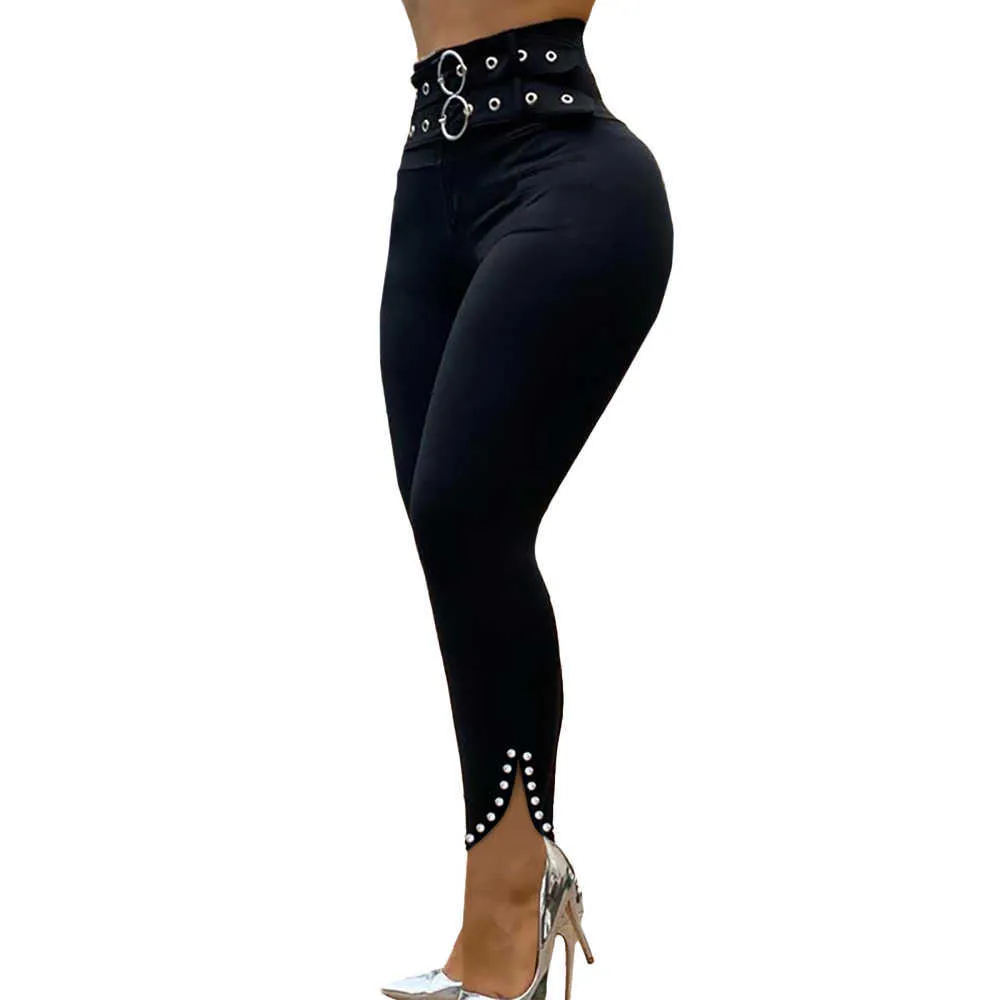 섹시한 높은 허리 슬림 우아한 팬 여성 가을 ​​캐주얼 버튼 탄성 스키니 바지 조깅 진주 발목 길이 바지 Streetwear Q0801