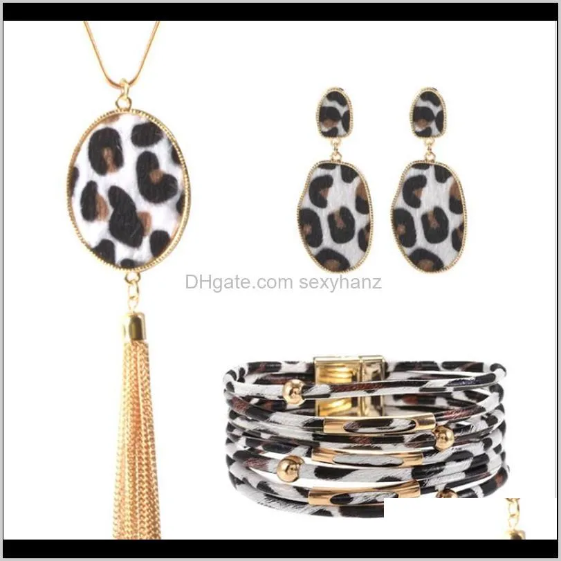 Leopard Jewelry Set For Women Leopard Leather Bracelet Teardrop Drop Dangle Earrings Long Tassel Pendant Necklace1