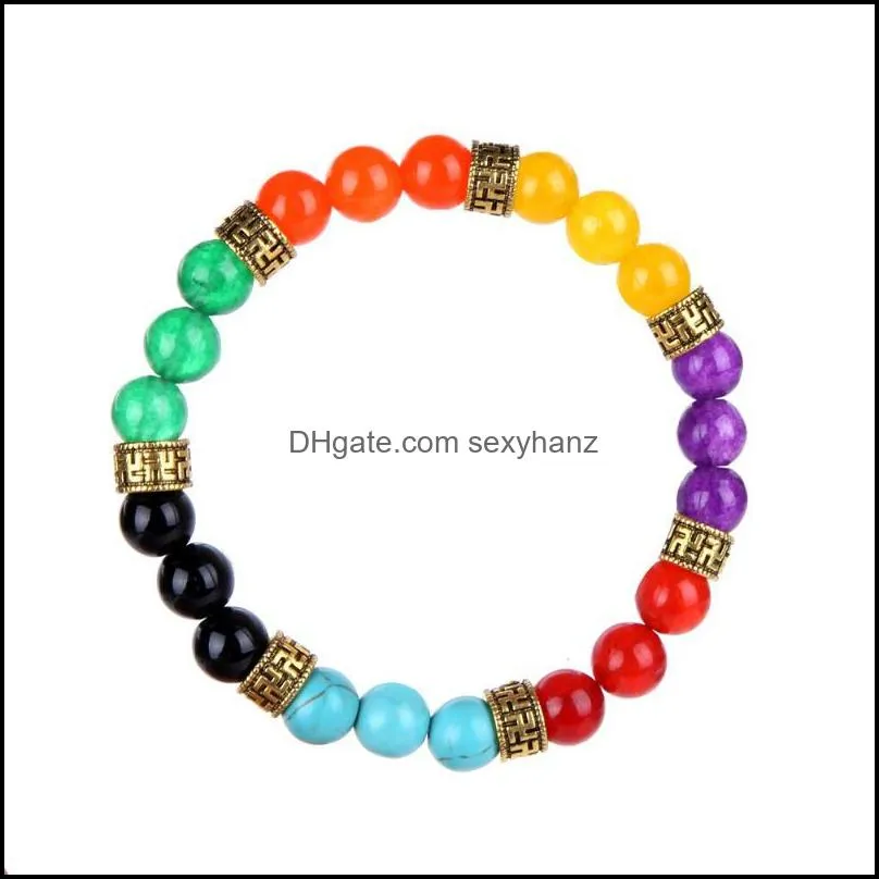 Natural Stone Seven Chakras Strand 8mm Purple Red Yellow Black Colorful Rainbow Beads Bracelet Buddha Stretch Yoga Men Jewelry Beaded,