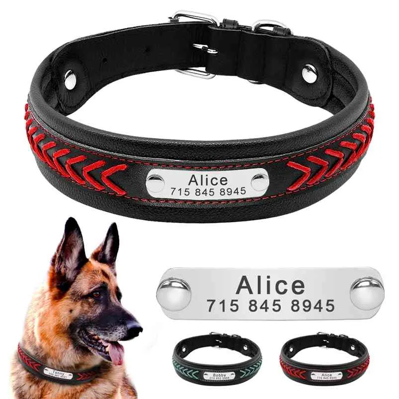 Dog Collar Personalized Dog Tag Collar Custom Leather Dog Collars For Medium Large Dogs Beagle Pitbull German Shepherd M L XL 210729