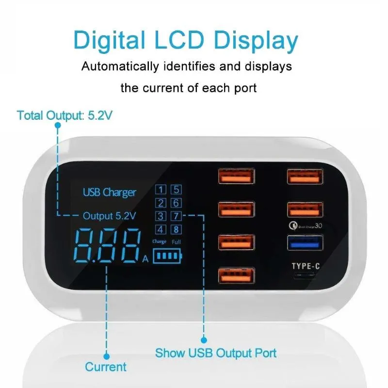 Uniwersalna szybka ładowarka 8 Porty Szybkie ładowanie 3.0 Wyświetlacz LED Ładowarka USB do telefonu z systemem Android Samsung Xiaomi Huawei Telefon