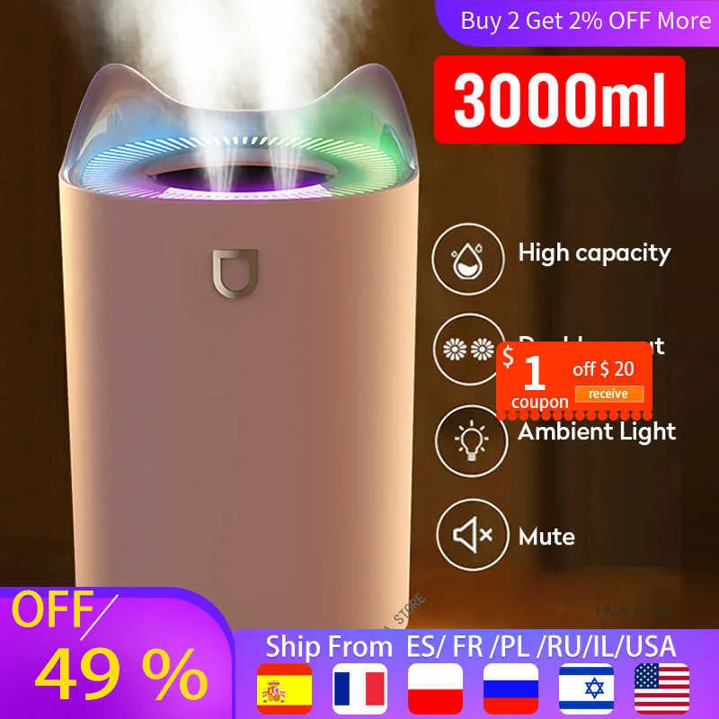 Ar humidificador duplo 3l humidificadores difusor USB aroma com coloful LED luz ultra-sônica aromaterapia 210724
