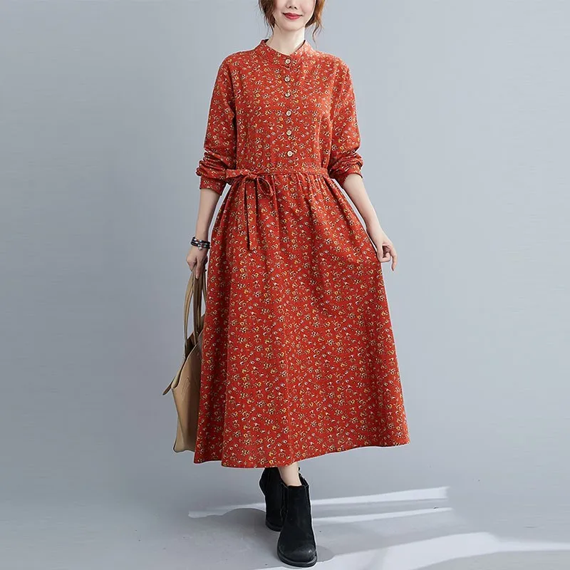 Abito lungo in lino di cotone donna Nuovo arrivo Autunno Stile vintage Colletto alla coreana Stampa floreale Abiti casual femminili allentati S2722 210412