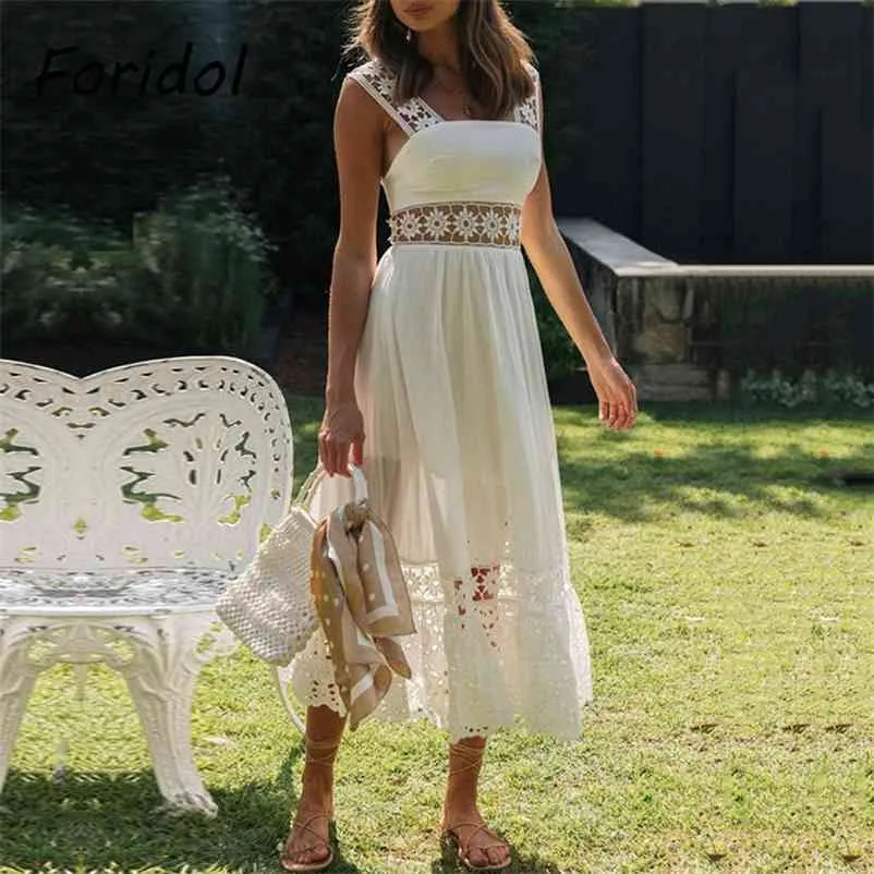 Foridol lente zomer vrouwen strand jurk elegante backless maxi jurk holle witte midi jurk lange vestidos de mujer 210415