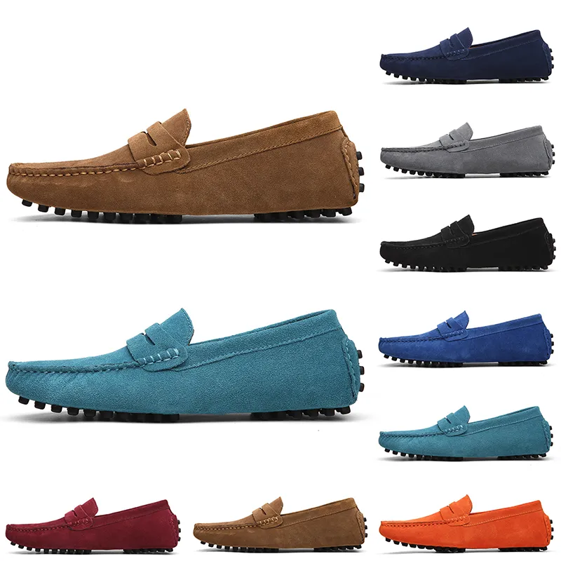 GAI Sapatos de camurça casuais masculinos sem marca, de boa qualidade, preto claro, azul, vermelho, cinza, laranja, verde, marrom, deslizamento em couro preguiçoso, tamanho 38-45