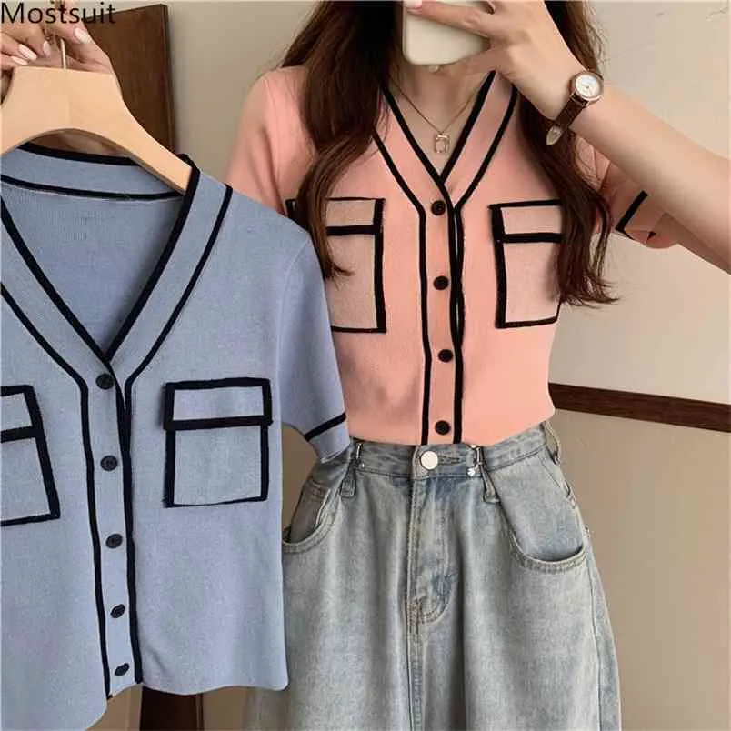 Summer Vintage Kintted Cardigan Women's Sweater V-neck Single Breasted Pockets Tops Korean Style Elegant Female Clothing 210513