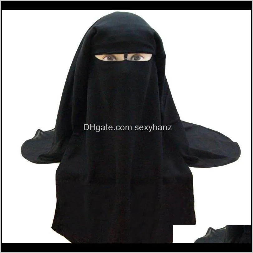 islamic 3 layers niqab burqa bonnet hijab cap veil muslim bandana scarf headwear black face cover abaya style wrap head covering