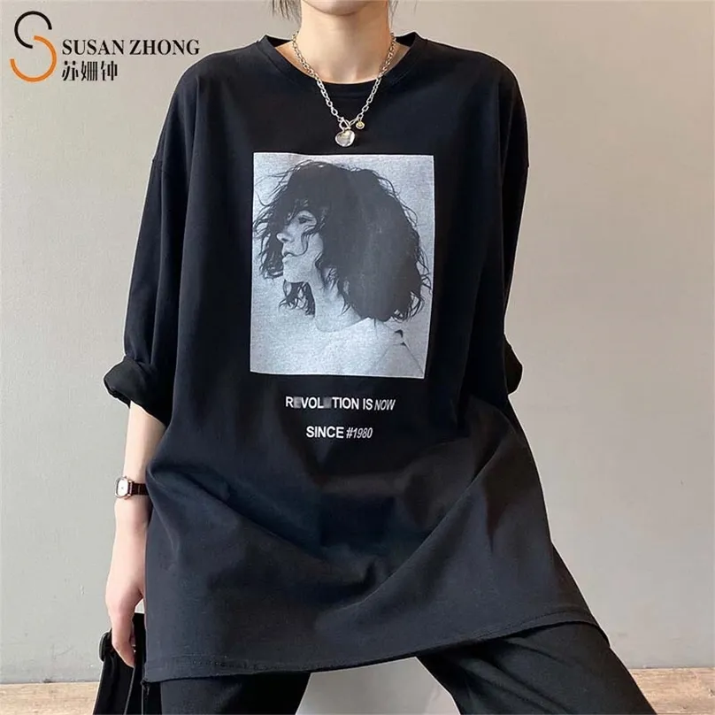 Printemps Femmes T-shirt Femme Tops Sweatshirts Cosy Prints Lâche Oversize Long Coton O-Cou Drop Épaule Split Hem 210720