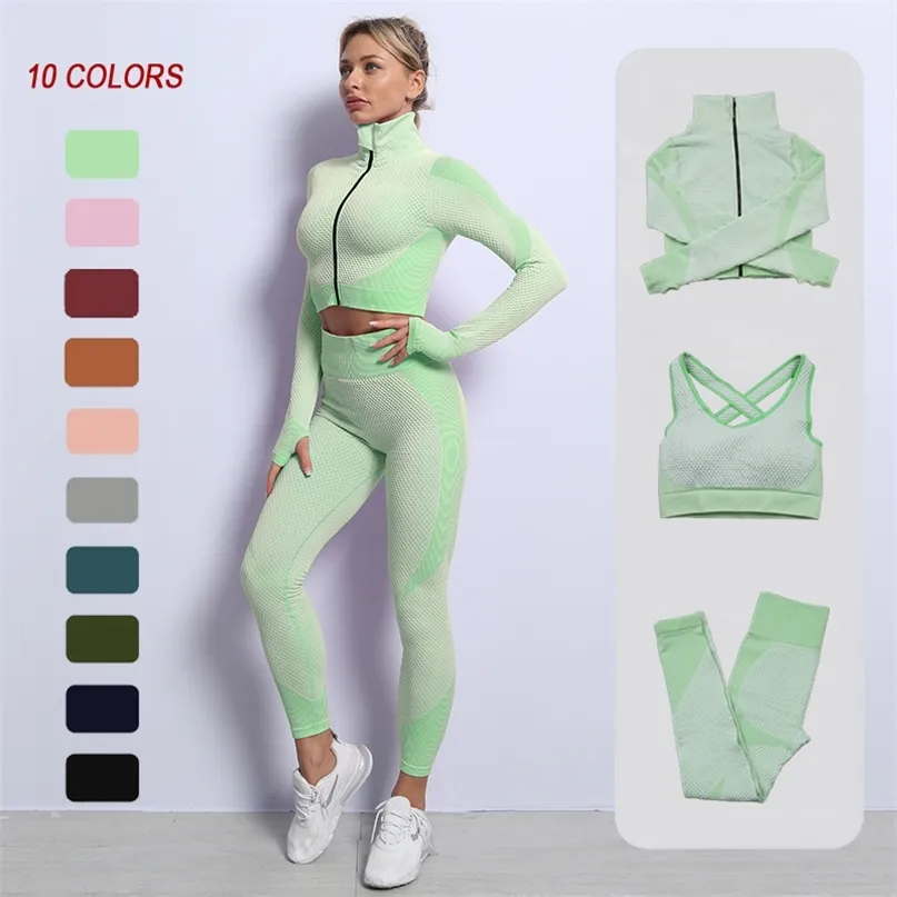 Färger Seamless Sport Yoga kostym Kvinnor Gym Kläder Atletisk Slitage Fitnessbyxor Sport Bra Crop Top Long Sleeve Workout Set 210813
