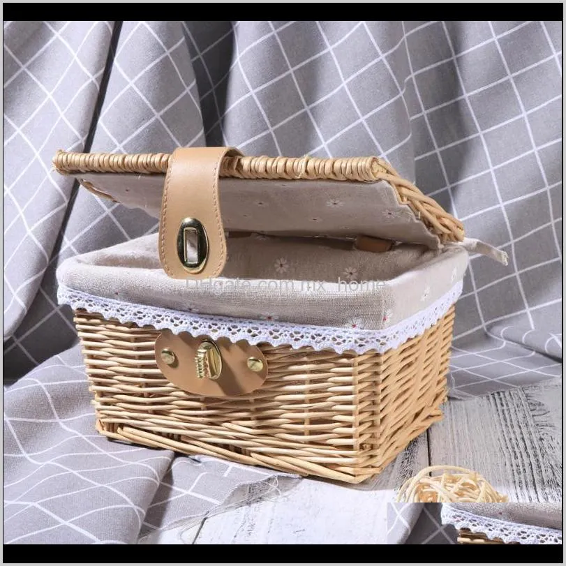 rural style wicker storage box with lock creative fabric lining container case organizer (original color frame+blue white stripe