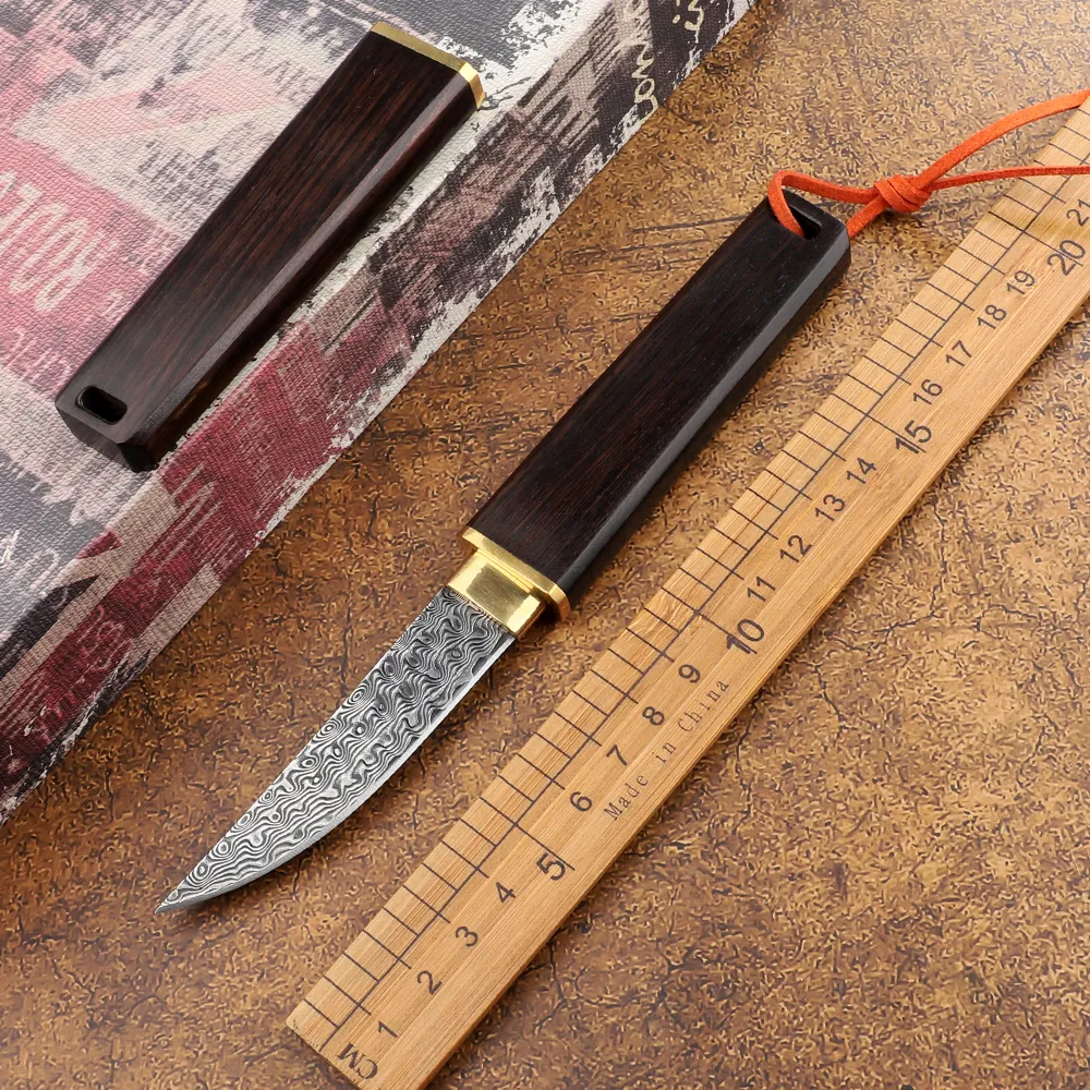 Outdoor tactical sharp VG10 Damascus steel fruit straight knife fixed blade ebony handle camping hunting self-defense EDC tool