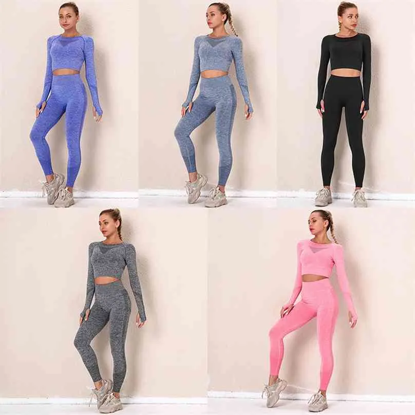 1/2/3 / 4 STKS Naadloze Vrouwen Yoga Set Workout Sportkleding Gym Kleding Fitness Lange Mouw Crop Top Hoge Taille Leggings Sports Suits 210802