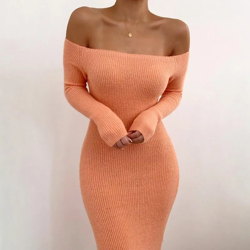 Günlük Elbiseler Y-L Moda Katı Kapalı Omuz Örme Nervürlü Midi Elbise Kadınlar Zarif Uzun Kollu Straplez Bodycon Streetwear