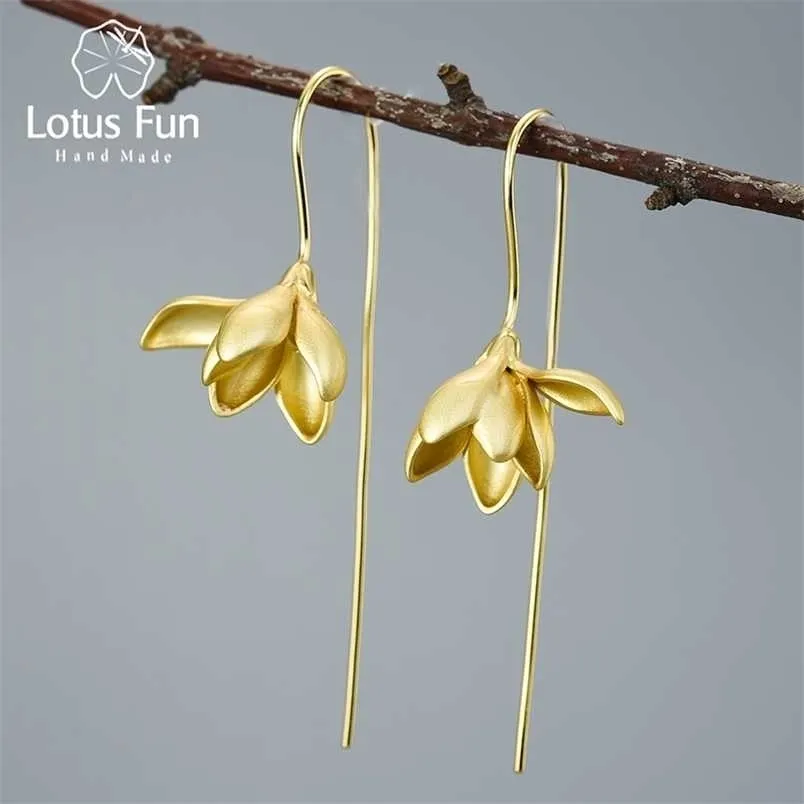 Lotus Fun Real 925 Orecchini in argento sterling Designer Belle gioielli 18k oro elegante magnolia fiore pendenti orecchini per le donne 220210