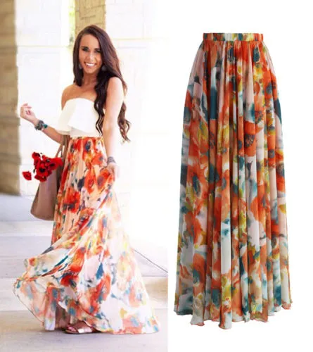 Fashion Chiffon Boho Womens Floral Print Long Maxi Skirt Ladies Holiday Summer Sun Skirts Faldas De Mujer xxl 4xl 6xl