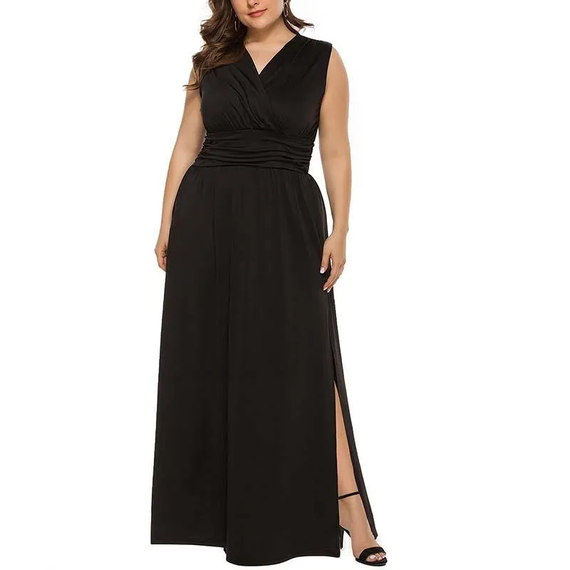 カジュアルな服の大きなスイングドレス。女性の夏のスタイルのVネックのノースリーブのドレス長いミルクシルクが特大。緩いスカートの花2021