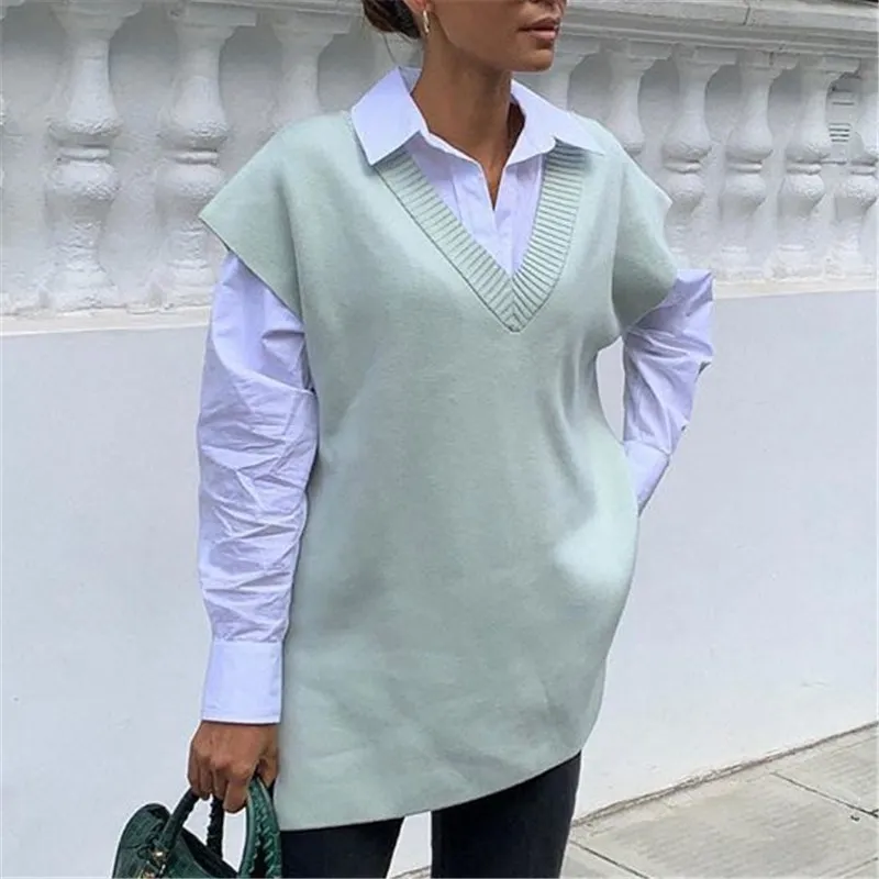 Zarif Kadınlar Işık Yeşil Kazak Yelek Moda Bayanlar V Yaka Gevşek Örme Streetwear Kadın Tatlı Yumuşak Uzun Tops 210427