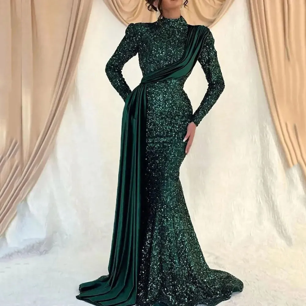 Dark Green Sequin Muslim Evening Dresses High Collar Full Sleeve Prom Gown Side Train Satin Womens Formal Wear